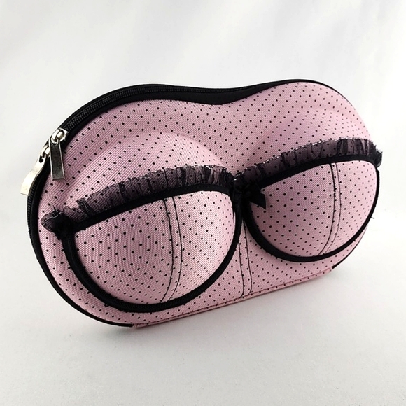 ⭐️3/ $30⭐️ Hard Bra Case Travel Carrier Portable Pink Black Polka Dots Lace - Picture 2 of 12